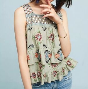 Anthropologie Moulinette Soeurs Lia Embellished Tank Beaded Tiered Green XS